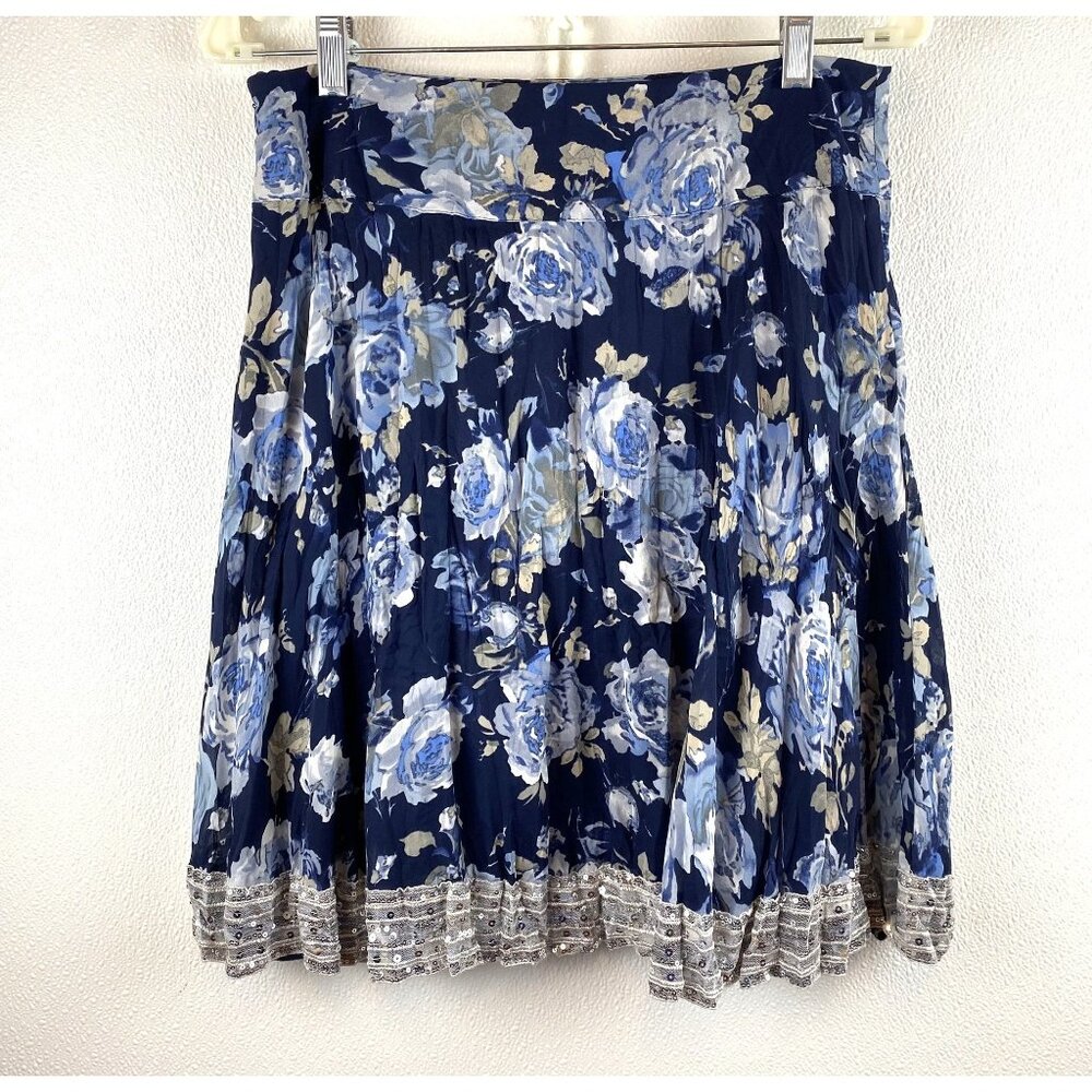 INC Women Floral Boho Flowy Pleated Skirt W/Wide Sequin Trim Blue & White SZ 6